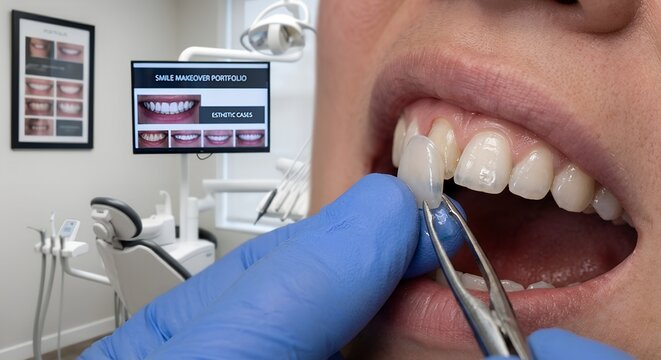 Dentist holding thin porcelain veneer near patient's open mouth, while a smile design is visible on monitor in the background, representing cosmetic dentistry and smile transformation