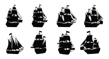 Sailing Ship Silhouettes On White Background Nautical Vessel Collection © Akhi
