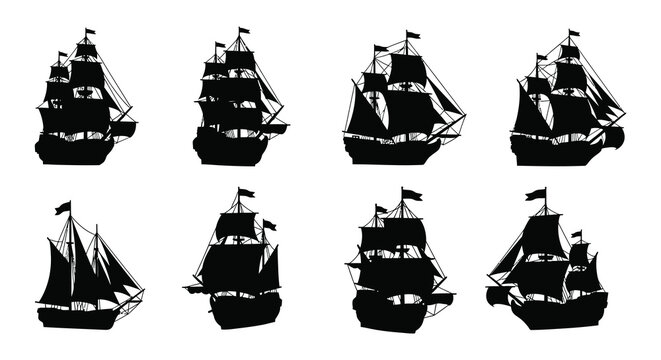 Sailing Ship Silhouettes On White Background Nautical Vessel Collection
