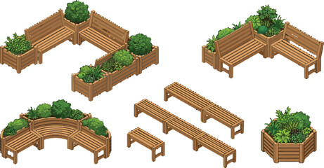 Fototapeta premium Isometric wooden park benches and garden planters set for landscape design and urban furniture architectural planning vector