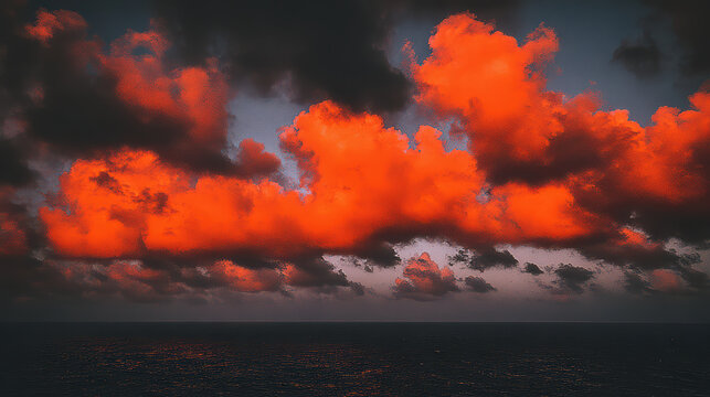 Cinematic scene red cloud over dark sea at dramatic sunset creating moody atmosphere