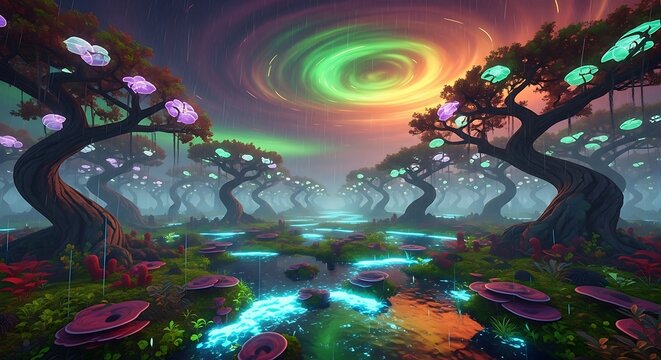 Bioluminescent fantasy forest under a swirling cosmic sky
