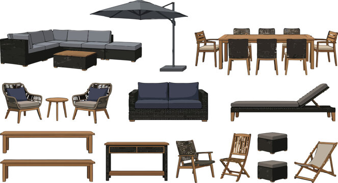 Outdoor furniture collection with patio sofas dining sets lounge chairs and umbrellas in a flat vector style