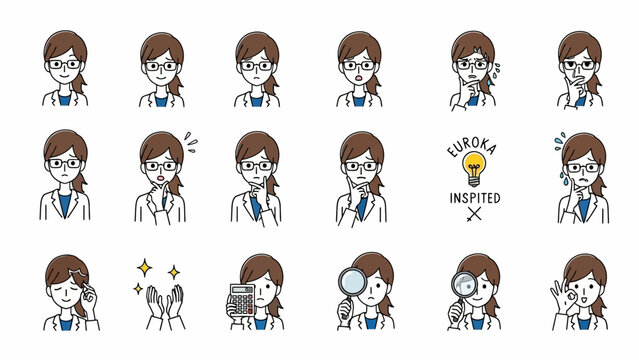 collection of woman scientist expressions thinking eureka calculator magnifying glass