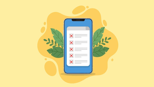 digital checklist mobile app on a smartphone with red x marks illustrating task failure and rejection on a yellow background.