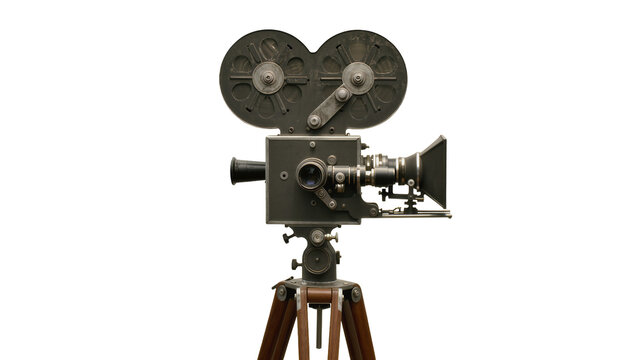 Vintage film camera on tripod with two reels