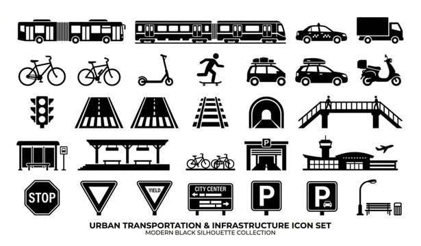 Urban Transportation And Infrastructure Black Silhouette Icon Set