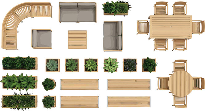 Outdoor furniture set with wooden tables chairs sofas and potted plants top view vector illustration collection