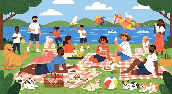 Diverse group of people and pets enjoying a picnic in a park