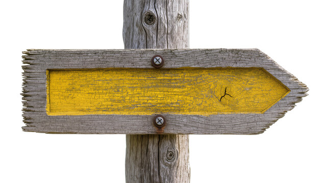 Weathered wooden directional signpost with yellow insert