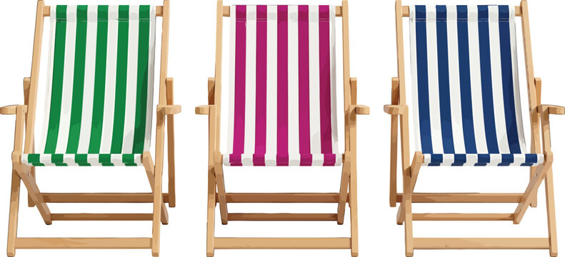 Three colorful striped wooden deck chairs isolated on white background for summer vacation and beach leisure concept