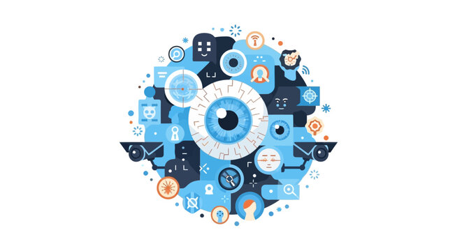 Surveillance and Artificial Intelligence Security Monitoring Illustration with Eye, CCTV, and Data Privacy Icons