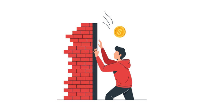 Man Pushing Brick Wall to Reach Gold Dollar Coin, Conceptual Illustration of Overcoming Financial Barriers and Investment Obstacles