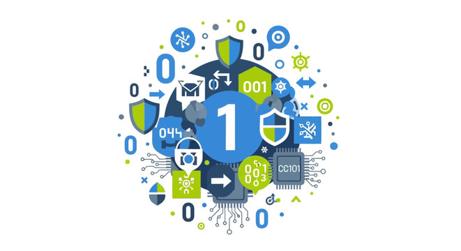 Cybersecurity and Data Protection Technology Concept Illustration with Binary Code and Security Icons