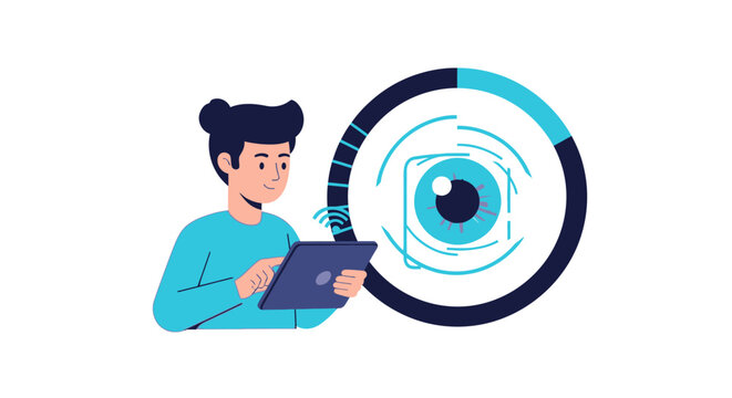 Biometric Eye Scan and Iris Recognition Concept Illustration of a Woman using a Tablet for Security and Authentication