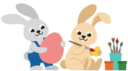 Fototapeta premium Two cute bunnies decorating easter eggs with paintbrushes and colorful paints.