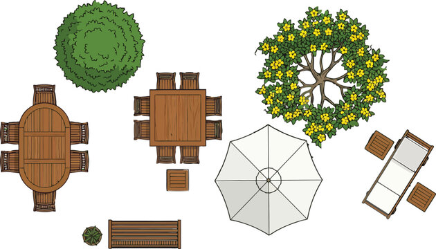 Top view garden furniture set with wooden tables chairs umbrella and trees for landscape design vector illustration