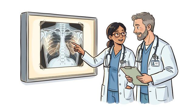 vector two doctors examining chest xray image on illuminated light panel