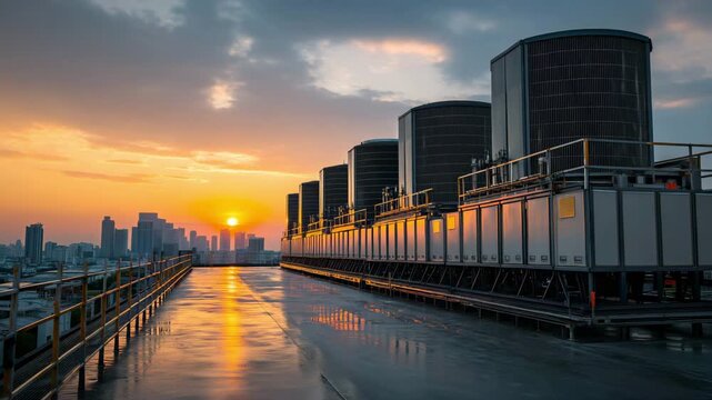 Industrial HVAC and air conditioning units installed on a commercial rooftop during a dramatic sunset skyline. 