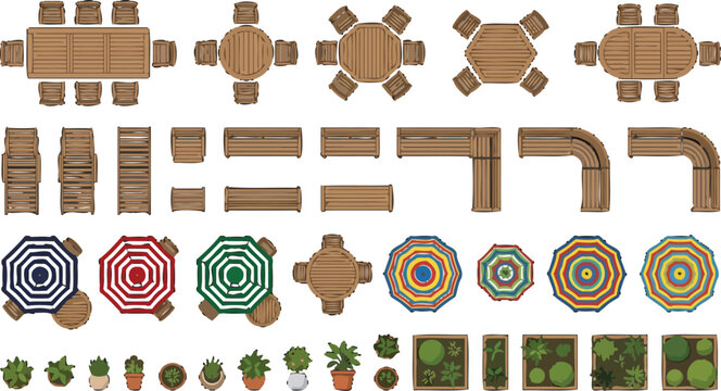 Top view outdoor furniture set with wooden tables chairs benches umbrellas and potted plants vector illustration