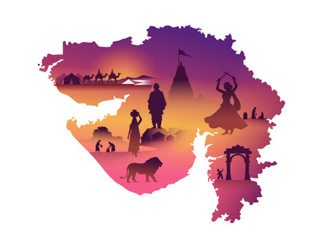 Cultural Landmark Heritage Map Silhouette of Gujarat India
