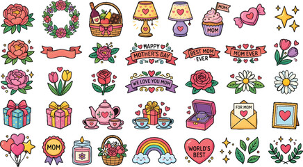 Obraz premium Colorful Valentines Day stickers with flowers and gifts in pastel lighting for social media