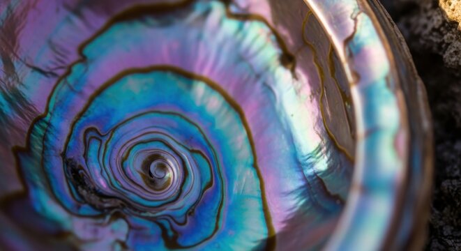 Close-up view of the iridescent interior of an abalone shell showcasing swirling patterns and vibrant colors