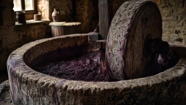 winepress. Ancient stone wine press with deep purple grape residue, textured surface in soft window light. bar promotions, beverage menus, designed for food & beverage menus and cafe branding.