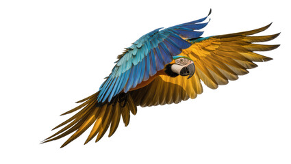 Blue and yellow macaw parrot flying with wings spread © Andrei