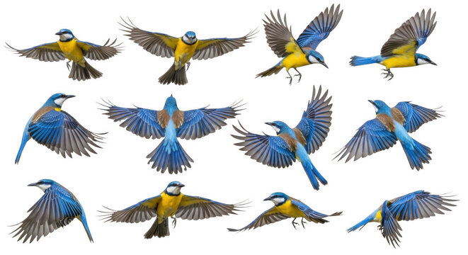 Collection of blue and yellow eurasian blue tits in various flight poses isolated against a solid black background