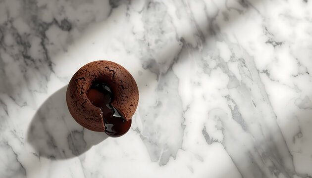 A chocolate cake with a slice cut out on a marble surface