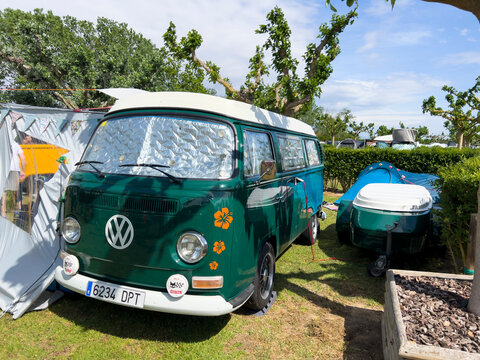 Sant Pere Pescador, Spain; May 20 2023: The microbus and camper Volkswagen T1 Kombi at an exhibition in camping