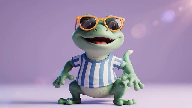 A happy gecko cartoon character wearing sunglasses and a striped shirt, a fun gecko animation with a cheerful expression