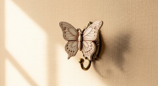 Cream colored ornate butterfly wall hook with vintage detailing for decorative home accessory