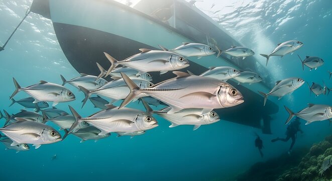School of silver fish swimming beneath a boat hull underwater