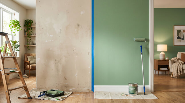 Antes e depois de pintura de parede em ambiente interno