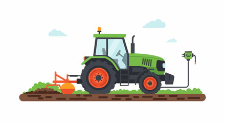 Obraz premium Modern Green Electric Tractor Plowing Field, Sustainable Agriculture and Eco-Friendly Farming Technology Illustration