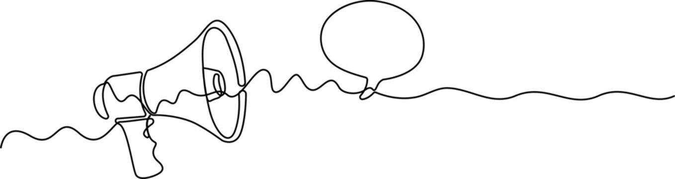 Coutinuous line drawing magaphone loudspeaker speech bubble line art