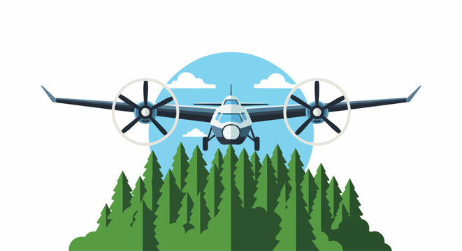 Propeller Cargo Plane Flying Over Pine Forest Flat Vector Illustration - Aviation and Logistics Concept