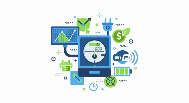 Smart Energy Meter Flat Illustration for Electricity Monitoring, Data Analysis, and Sustainable Power Management