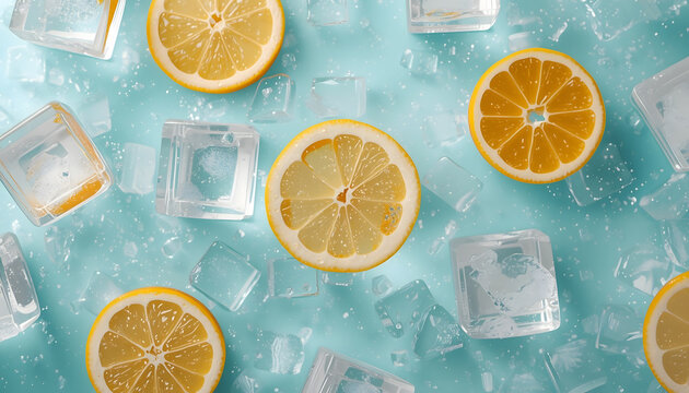A refreshing arrangement of lemon slices and ice cubes on a cool blue surface