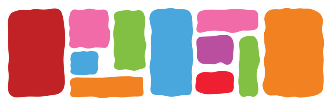 Organic abstract blocks. colorful irregular shapes, wavy rectangle grid, red pink green blue orange. for creative kid school banner, modern art poster print layout. flat vector graphic element.