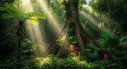 Obraz premium Sunlight streaming through a lush tropical rainforest