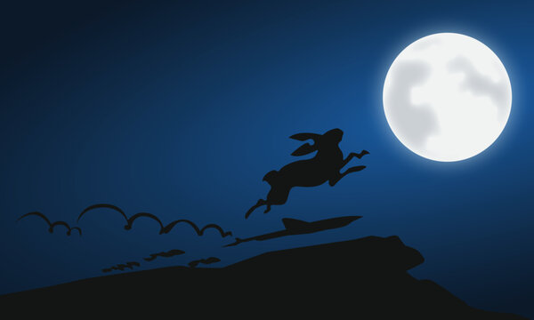 Silhouette of a rabbit leaping against a full moon and blue night sky, Vector illustration of a jumping hare silhouette in the night landscape, Wild rabbit jumping over a hill illuminated by a bright 