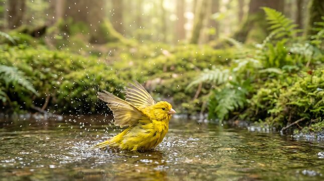 Burung Kuning Mandi Hutan Air Percikan