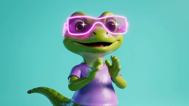 A friendly gecko cartoon character wearing neon glasses, a gecko animation with a cheerful expression, and a gecko