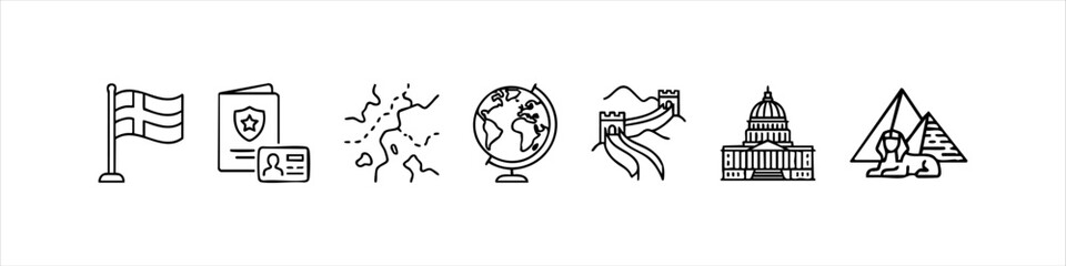 Minimalist line icon set featuring world landmarks and travel essentials like a globe, passport, Great Wall of China, US Capitol, and Egyptian Pyramids. Perfect for tourism and geography themes. © temastadnyk