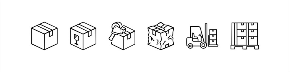 A set of professional line icons representing logistics and shipping processes, including cardboard boxes, fragile handling, packaging, damaged goods, forklift operations, and pallet storage. © temastadnyk
