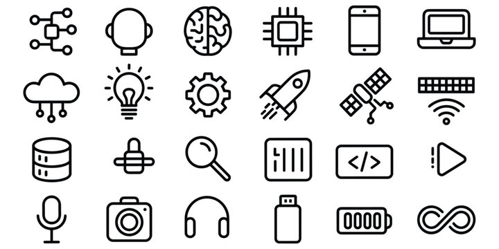 Technology and artificial intelligence line icons featuring computer science and modern innovations