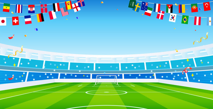 Football stadium background vector illustration. Soccer stadium with flags garland of different countries